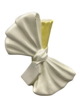 retro design pat pending block vase glass bow white yellow ripple tag 7X7.5 READ